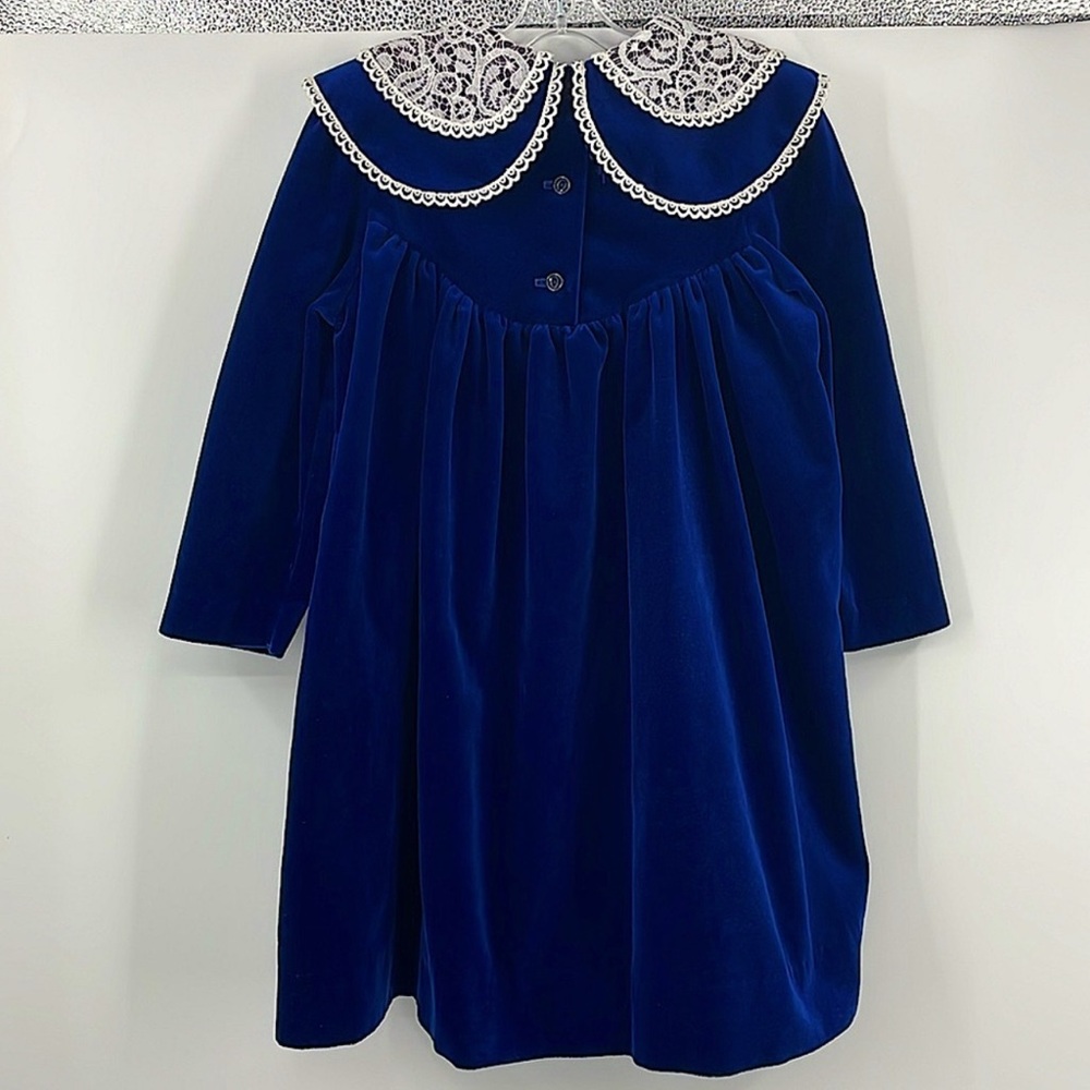 Vintage 70’s Rare Editions blue double collar velvet lace dress Size 5 - Picture 2 of 6